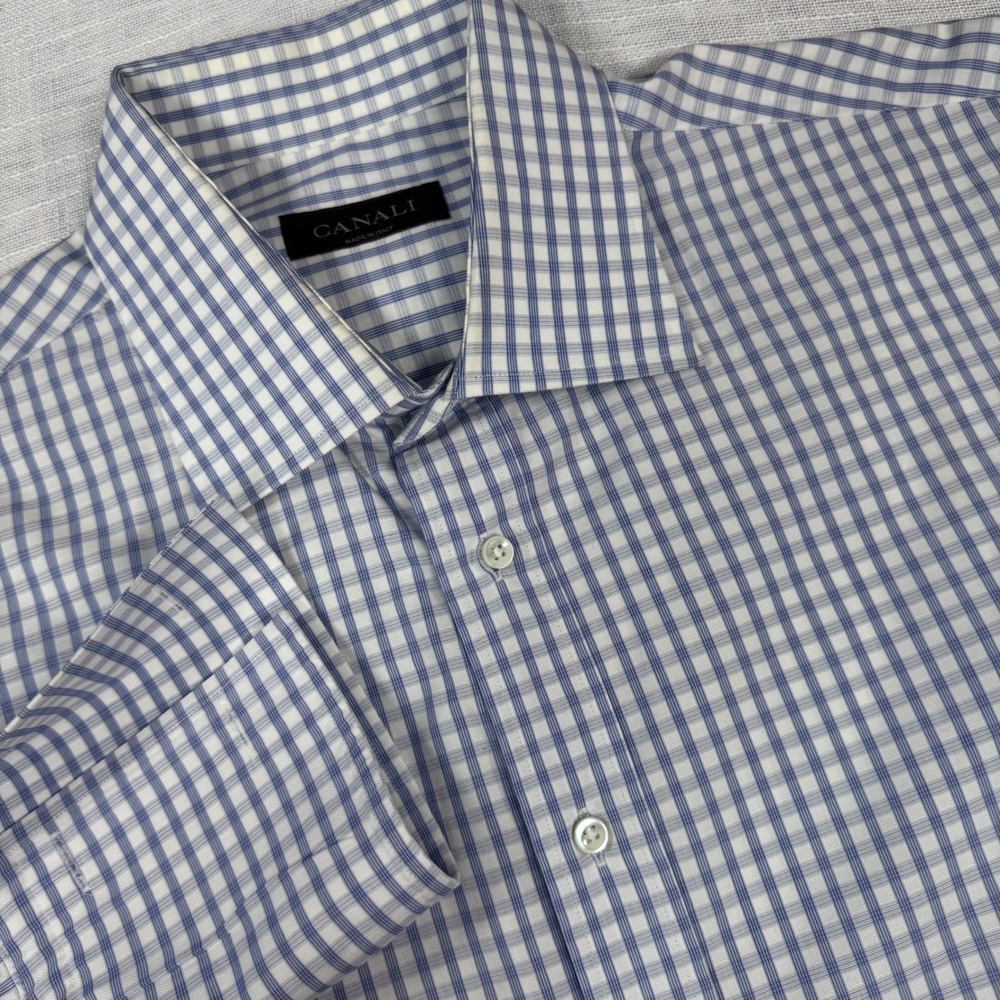 Canali Dress Shirt 43/17 Blue Gingham French Cuff Italian Quiet Luxury Preppy